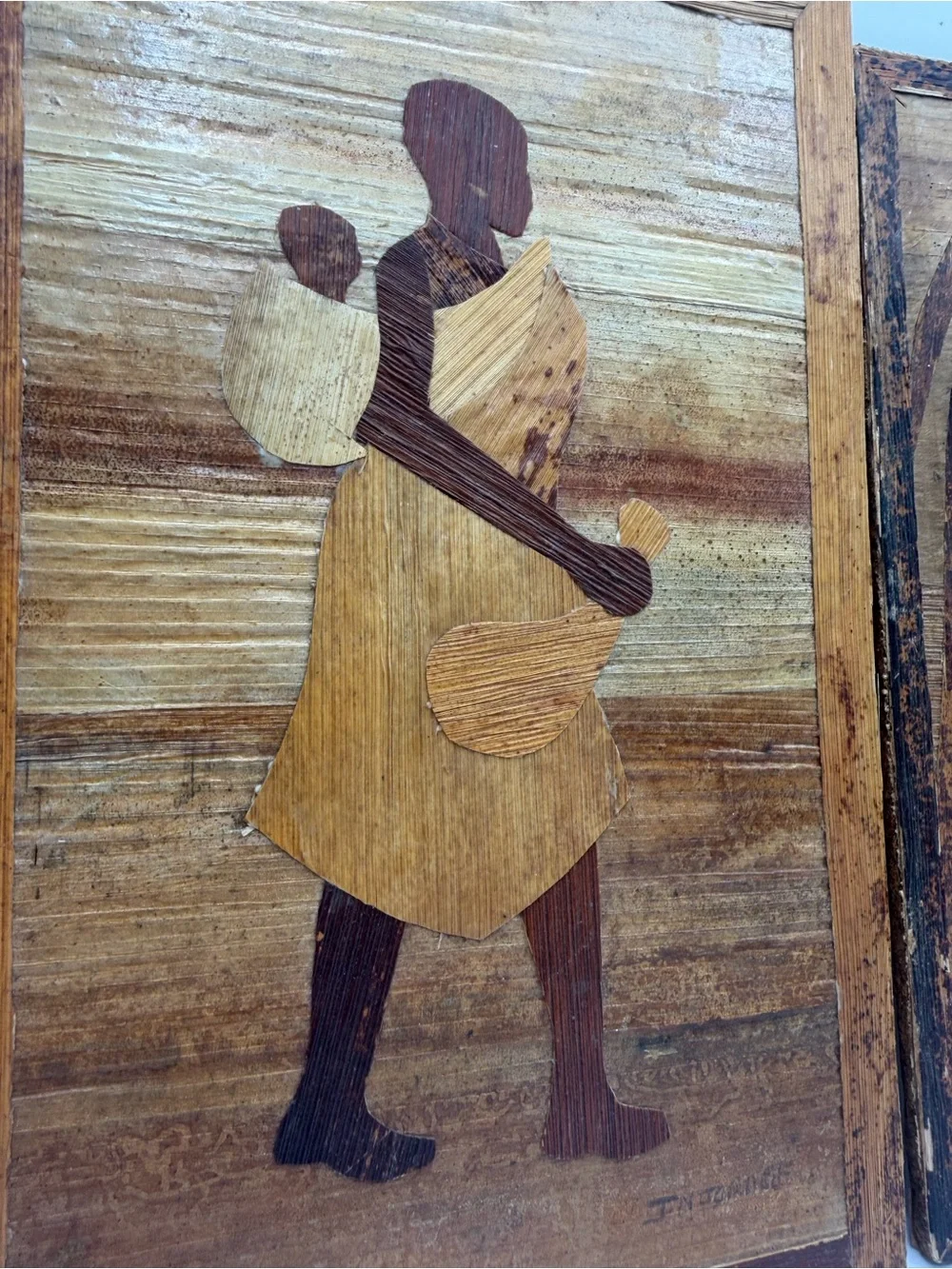 Vintage Kenya Banana Leaf Art Set Giraffe Mother & Baby African Wall Decor